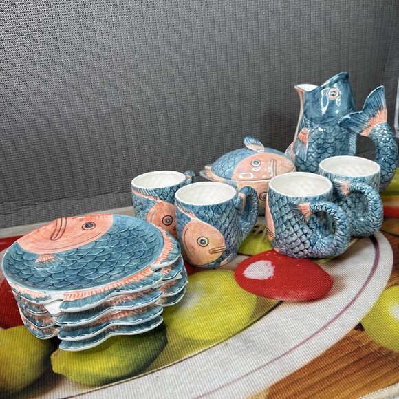 Vintage Rare 10 piece MCM Henriksen Majolica Fish Sculpture Iridescent Jug Pitch - Picture 12 of 12